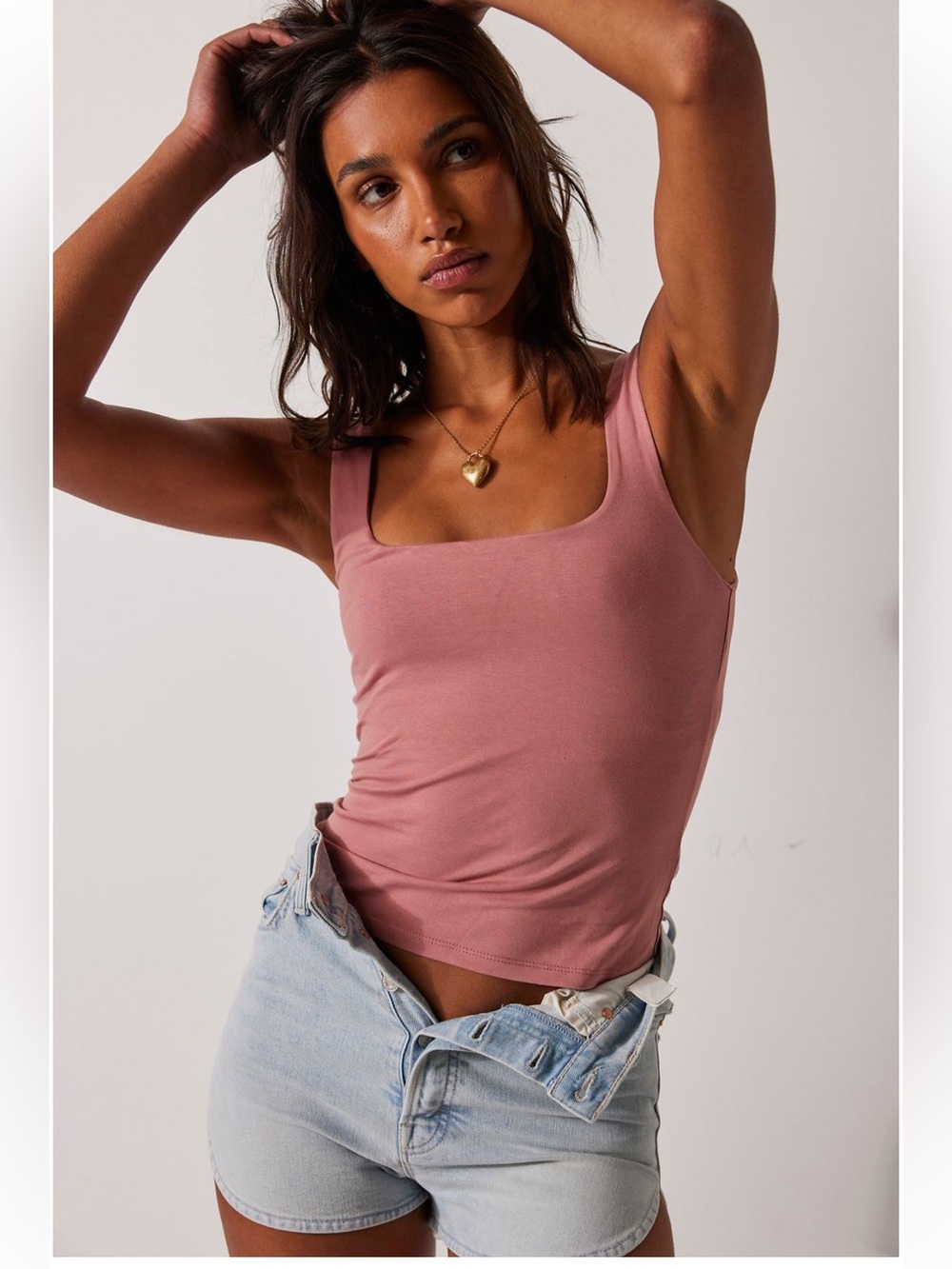 Free People Ribbed Square-Neck Tank in Rose Mauve